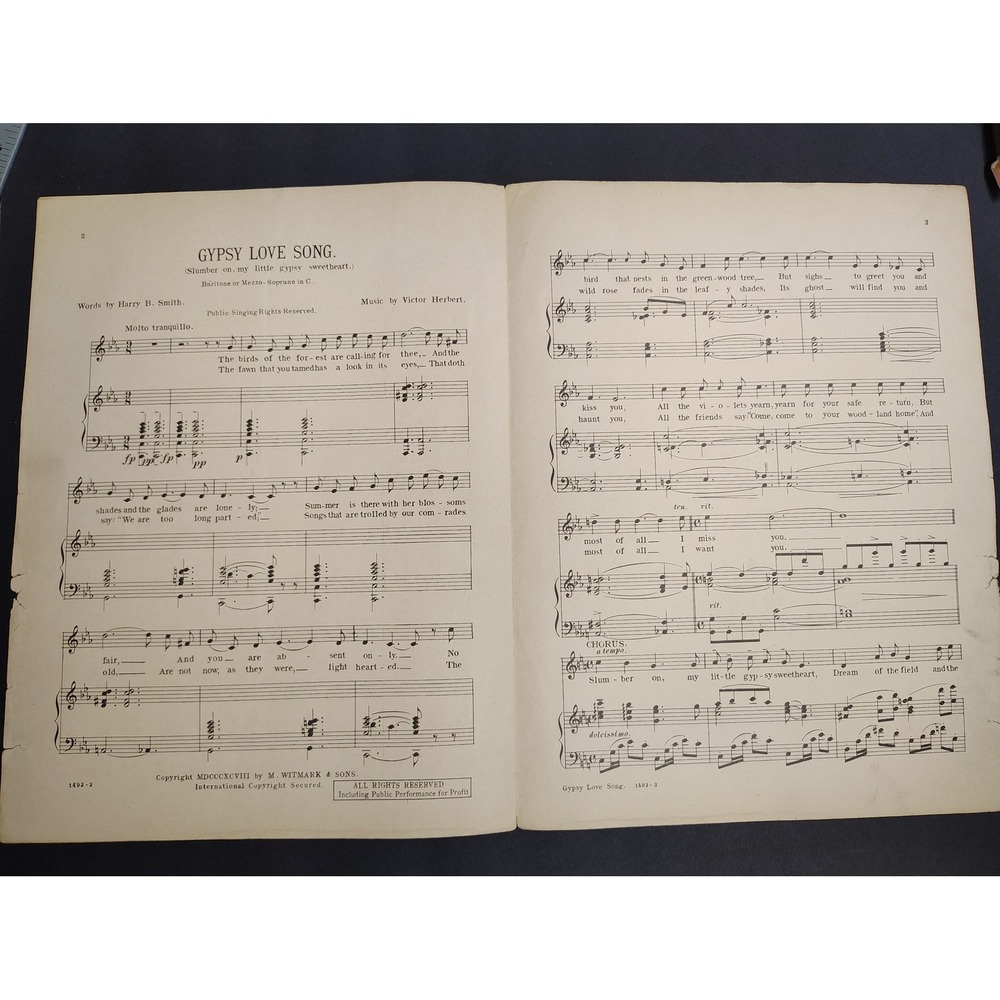 Gypsy Love Song 1898 Sheet Music Victor Herbert Lyrics Cover Typography